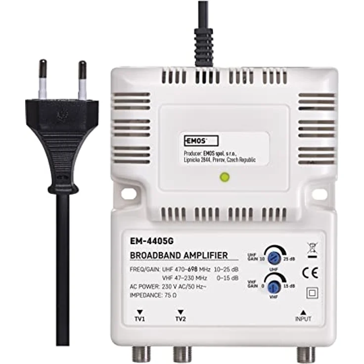 EMOS Breitband-Verstärker 25 dB, Signalverstärker für DVB-T2 und Kabelfernsehen, Frequenzbereich 47–230 MHz, 470–698 MHz, 1 Eingang, 2 Ausgänge, 10,5 x 13,5 x 4 cm – Bild 2