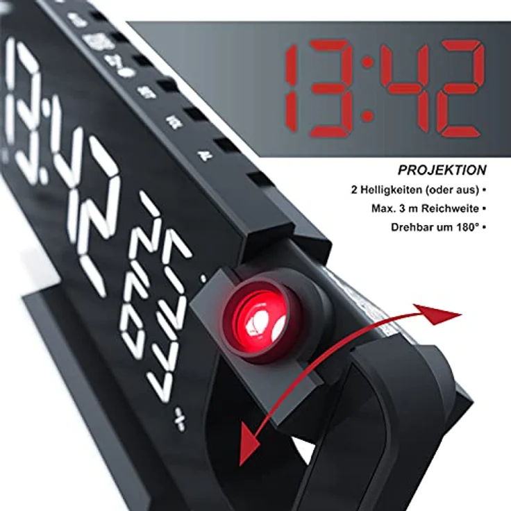CSL - Radiowecker digital – Projektionswecker – 7 Tasten – 2 Alarme – Projektion und Licht – Autodimmer - 15 FM Radiospeicher – Temperatur und Luftfeuchtigkeitsanzeige - mit Netzteil – Bild 5