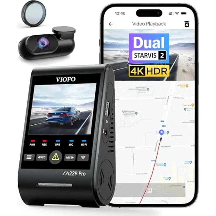 VIOFO A229 Pro 4K + 2K Dual STARVIS 2, HDR Vorne hinten Dashcam Auto, Sprachsteurung & 5GHz Wi-Fi Wlan Autokamera, Ultrapräzises GPS mit CPL Filter, Super Nachtsicht 2.0, Sprachausgabe, bis 512 GB Max