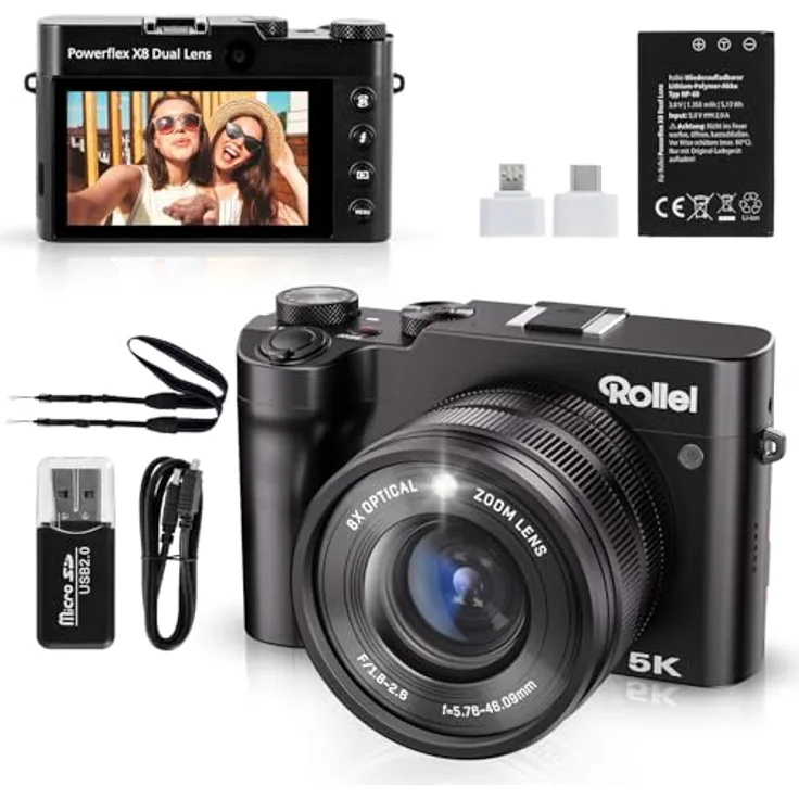 Rollei Powerflex X8, Dual Lens Digitalkamera mit 64MP, 5K Fotoapparat, 8X optischem Zoom, 3,6" Touch Screen, tragbar, schwarz für Anfänger