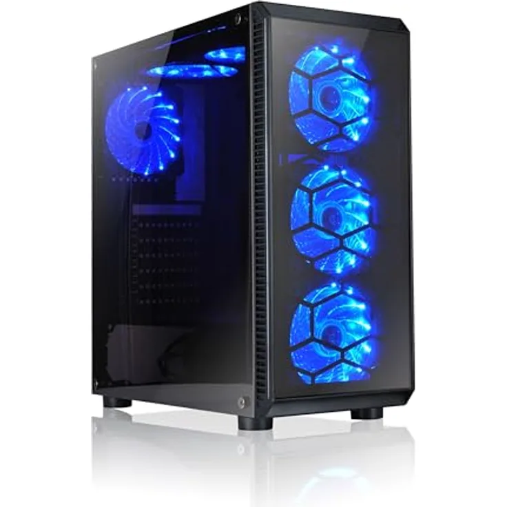L-Link Avatar LED PC-Tower-Gehäuse, schwarz, mit 6 blauen LED-Lüftern und gehärtetem Glas