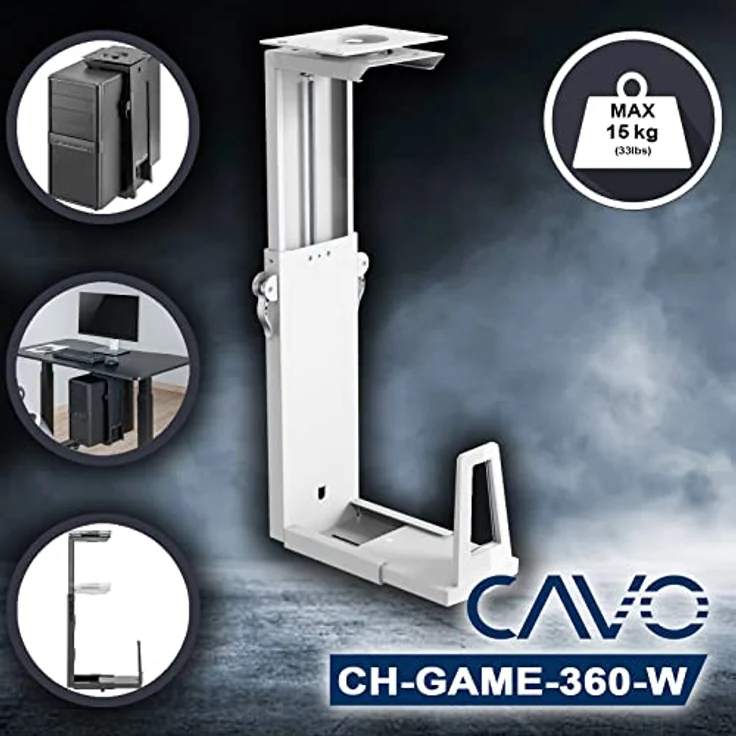 CAVO CH-GAME-360-W Desktop PC-Halterung, 360° drehbar, weiß, verstellbar für Computer bis 247 x 550 mm und 15 kg, von SOTECH – Bild 2