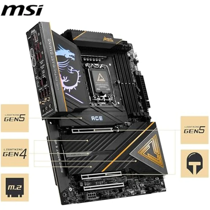 MSI MEG Z890 ACE Mainboard, ATX - Unterstützt Intel Core Ultra Prozessoren (Series 2), LGA 1851-110A SPS VRM, DDR5-Speicher (9200+MT/s OC), PCIe 5.0 & 4.0 x16, M.2 Gen5, Thunderbolt 4, Wi-Fi 7 - Schwarz – Bild 5