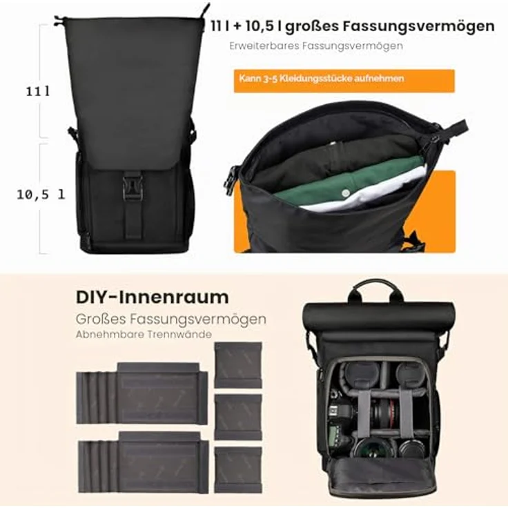 TARION SP-01, Wasserdichter Kamerarucksack mit 15,6 Zoll Laptophülle, großem Volumen und seitlichem Zugriff, schwarz – Bild 3