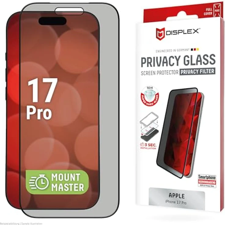 Displex Privacy Glass Panzerglas Displayschutz für Apple iPhone 17 Pro, 10H gehärtetes Glas, kratzfest, blasenfrei durch EASY-ON® MountMaster – Bild 1
