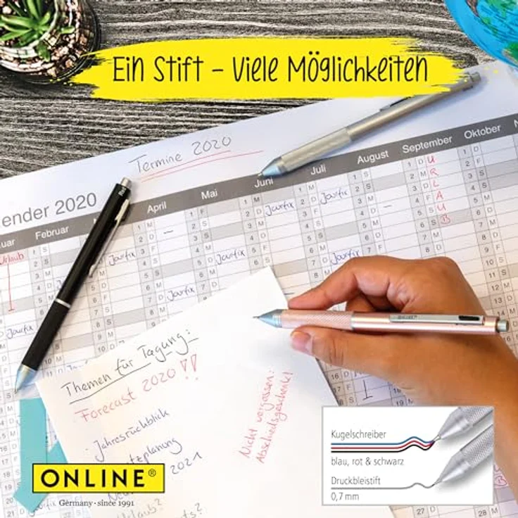 ONLINE Multipen 4-in-1, Multifunktionsstift aus Metall mit 3 Kugelschreiber-Minen in blau, schwarz und rot, Druckbleistift-Mine und Radiergummi, Farbe schwarz – Bild 3