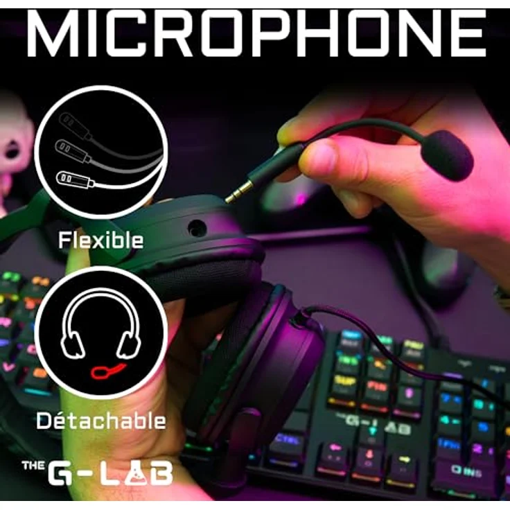 The G-Lab Korp Carbon Gaming Headset, Mikrofon Gamer mit verstärktem Bass, abnehmbares Mikrofon, leicht und bequem, kompatibel mit Xbox One, PC, PS5, Switch, Smartphone (schwarz) – Bild 2