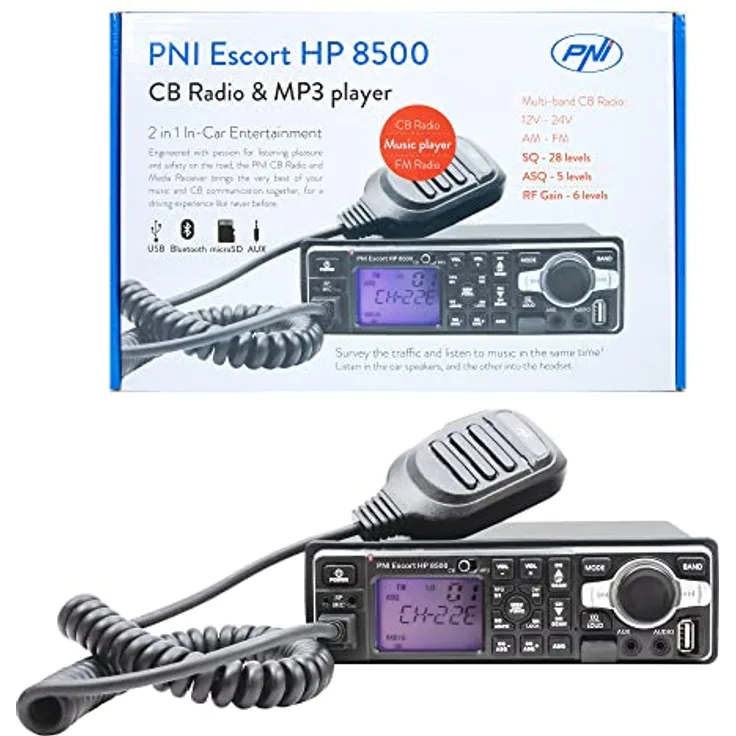 PNI Escort HP 8500 ASQ, CB-Funkstation und MP3-Player in Schwarz mit 32 GB Unterstützung und Bluetooth
