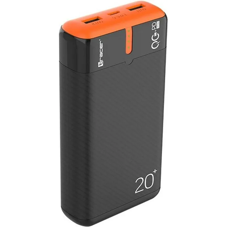 Tracer EnerGen 20000mAh Power Bank, 20W, 74Wh, schwarz/orange, mit Quick Charge 3.0 und USB-C-Anschluss