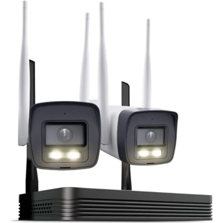 HiLook WLAN Überwachungskamera Set Außen, 2X 4 MP Bullet Kameras, WiFi NVS mit Micro-SD-Slot, Menschen- & Fahrzeugerkennung, Nachtsicht, 2-Wege-Audio, IP66 witterungsbeständig