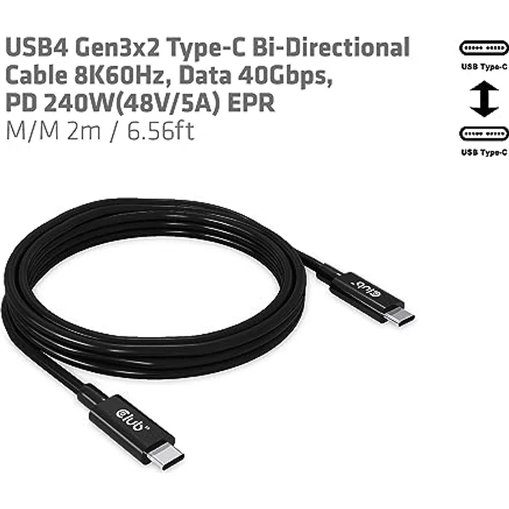 Club 3D CAC-1578 USB4 Gen3x2 Type-C Bi-Direktional Kabel 8K60Hz 40Gbps PD 240W(48V/5A) EPR St/St 2m – Bild 3