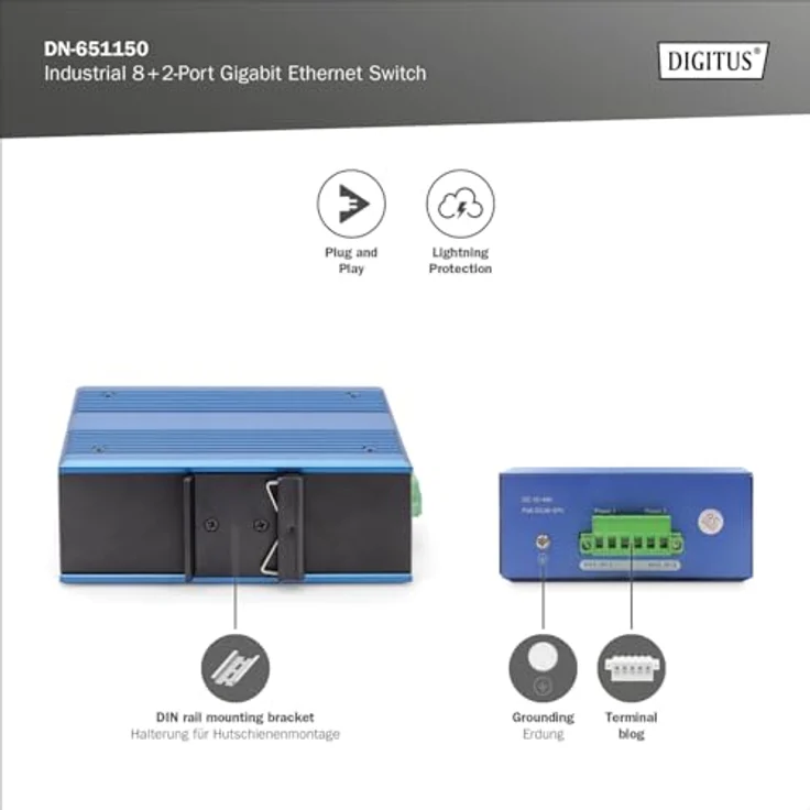 DIGITUS industrieller 10 Port Gigabit Ethernet Switch - 8 RJ45 Ports - 2 SFP-Ports - IP40 Schutzklasse - 10/100/1000 Mbps - Hutschienenmontage - schwarz/blau – Bild 3