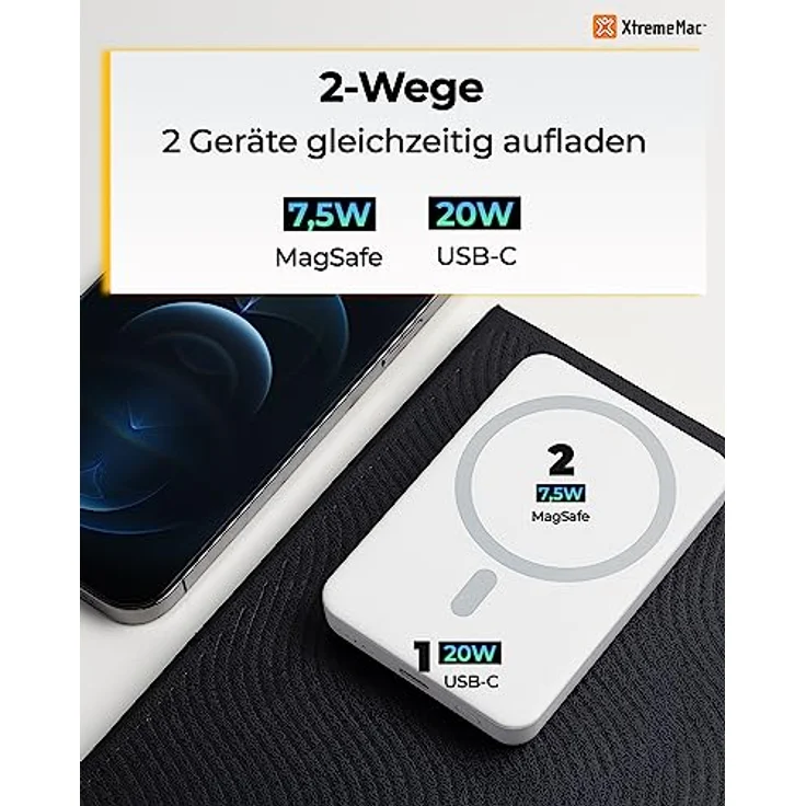 XtremeMac Hochwertige Magnetische Kabellose Powerbank, MagSafe Kompatibel, 5000mAh, für iPhone 12/13/14, mit USB-C und drahtloser Ladefunktion, Leicht und Kompakt, Weiss – Bild 5