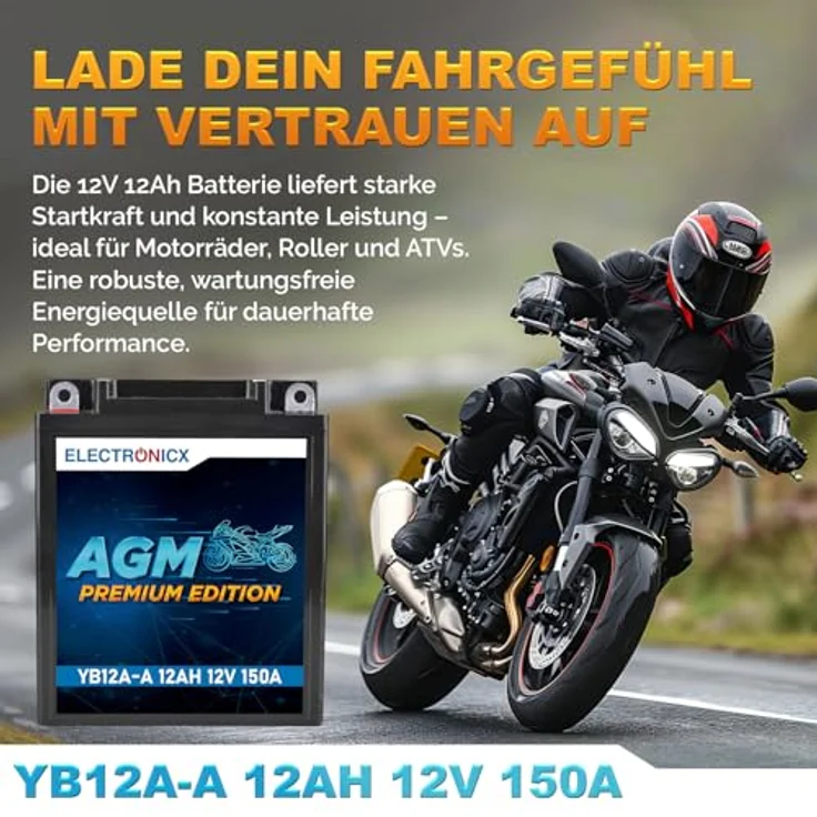 Electronicx AGM Motorradbatterie YB12A-A, 12Ah 12V, wartungsfrei, auslaufsicher, vibrationsfest für Motorrad, Roller, Quad, Jetski – Bild 2