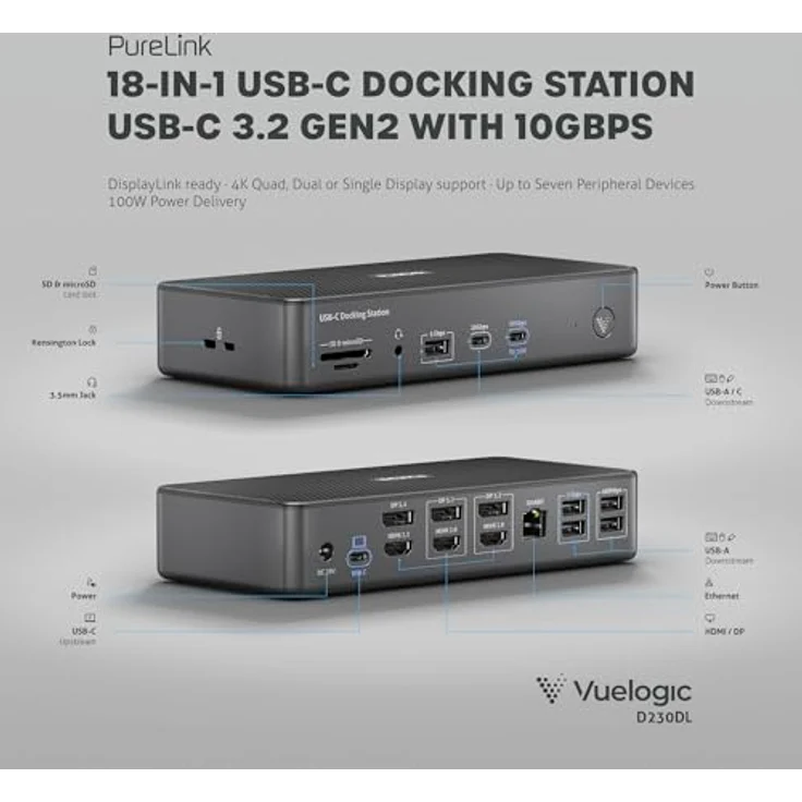 PureLink Vuelogic USB C Docking Station für 4 Monitore, 18-in-1 Multifunktionale Dockingstation Laptop, 3X HDMI / 3X DP 8k Unterstützung, Ethernet, Multiport, Schwarz – Bild 5