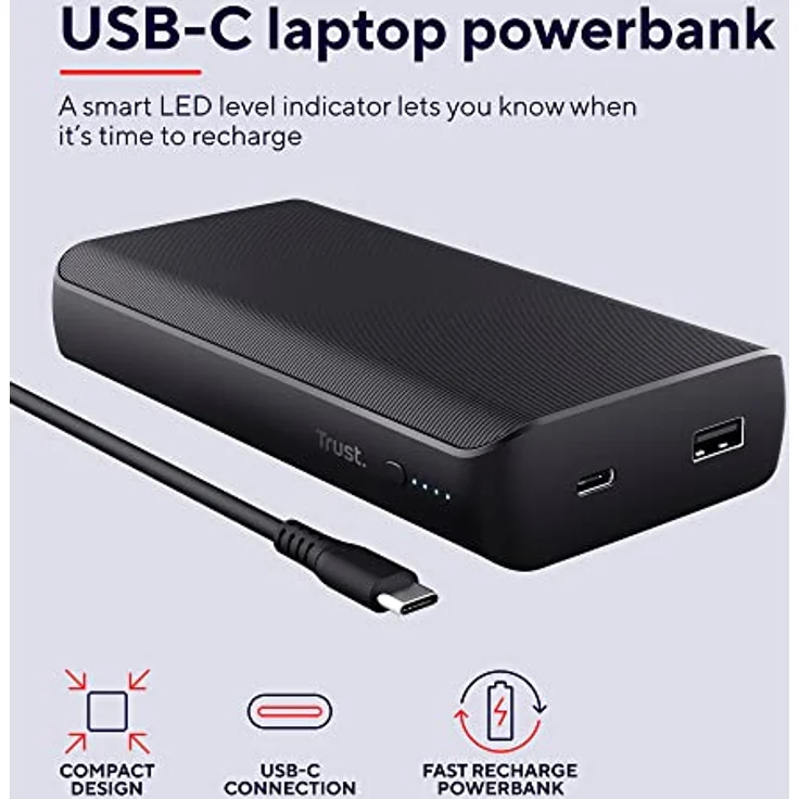 Trust Laro Powerbank 65W 20000mAh, Power Bank mit Schnellladefunktion, Power Delivery, Quick Charge 3.0, Mit USB-C Kabel, für Laptop/MacBook/MacBook Pro/MacBook Air Switch – Bild 3
