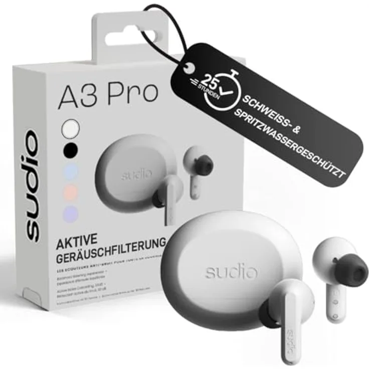 sudio A3 Pro True Wireless Kopfhörer, Noise Cancelling In Ear mit Bluetooth 5.4, 25h Spielzeit, USB-C Ladecase, Weiß