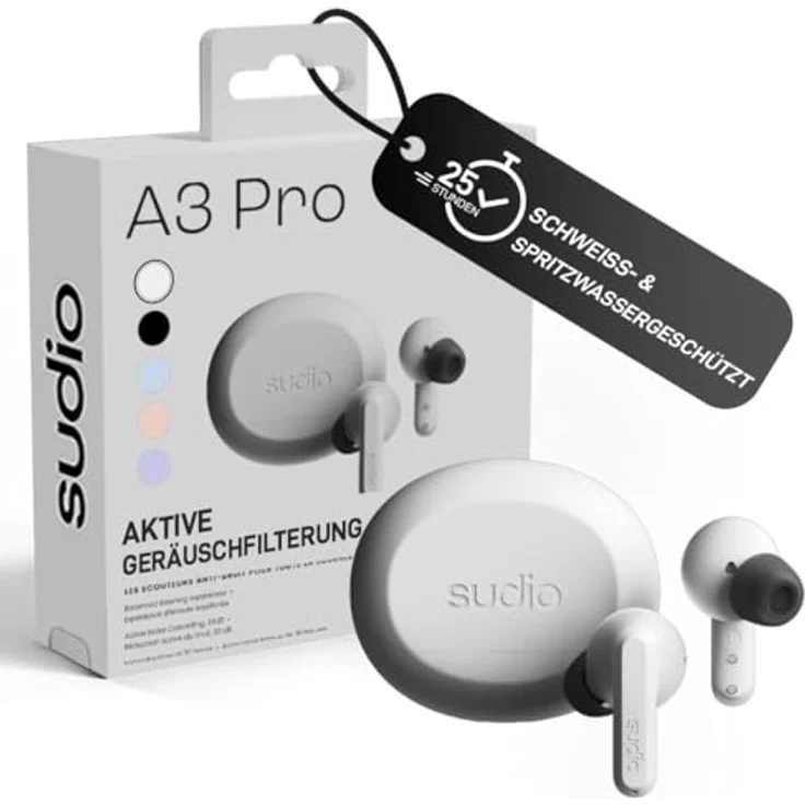sudio A3 Pro True Wireless Kopfhörer, Noise Cancelling In Ear mit Bluetooth 5.4, 25h Spielzeit, USB-C Ladecase, Weiß – Bild 1
