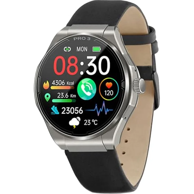 Knauermann PRO 3 (2024) Silber - Gesundheitsuhr Smartwatch mit Telefoniefunktion - EKG + HRV und SOS Funktion - AMOLED Display- BT Bluetooth - Schlafapnoe - Echtlederband Schwarz, 14-24, rund – Bild 1