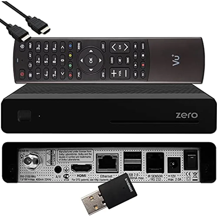 VUplus VU+ Zero HW Version 2-1x DVB-S2 Full-HD Sat Tuner E2 Linux Receiver, YouTube, Satellit Receiver mit Aufnahmefunktion, Kartenleser, Media Player, EasyMouse HDMI-Kabel & 300 Mbits WiFi Stick, schwarz