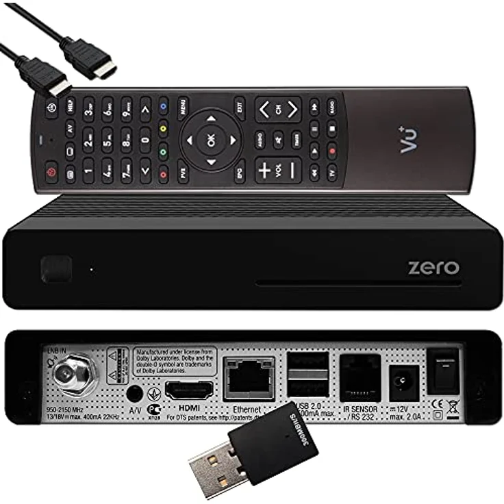 VUplus VU+ Zero HW Version 2-1x DVB-S2 Full-HD Sat Tuner E2 Linux Receiver, YouTube, Satellit Receiver mit Aufnahmefunktion, Kartenleser, Media Player, EasyMouse HDMI-Kabel & 300 Mbits WiFi Stick, schwarz – Bild 1