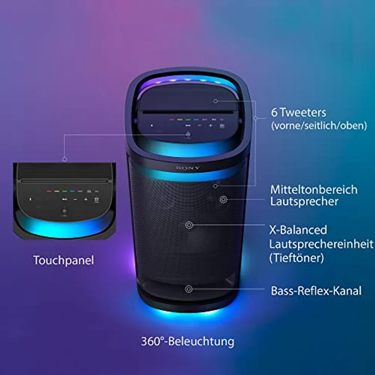 Sony SRS-XV900 - Kraftvoller Bluetooth Party Lautsprecher mit omnidirektionalem Party-Sound (Beleuchtung, für Indoor und Outdoor, 25h Akku, Karaokefunktion und Touch Panel - schwarz, SRSXV900B.CEL – Bild 2