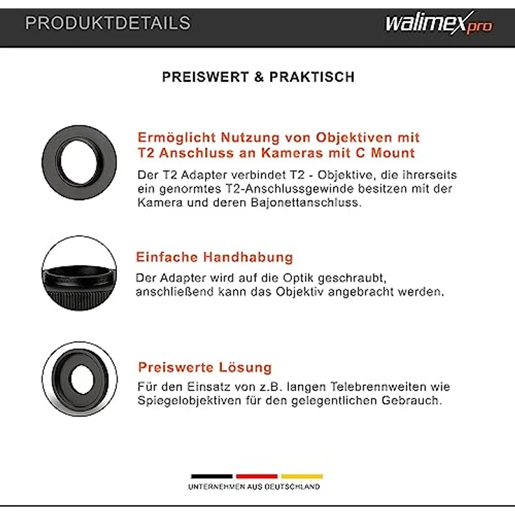Walimex pro T2 Adapter für C-Mount - Adapterring mit manuellem Fokus, einfache Handhabung, Objektiv-Anschlussring – Bild 2
