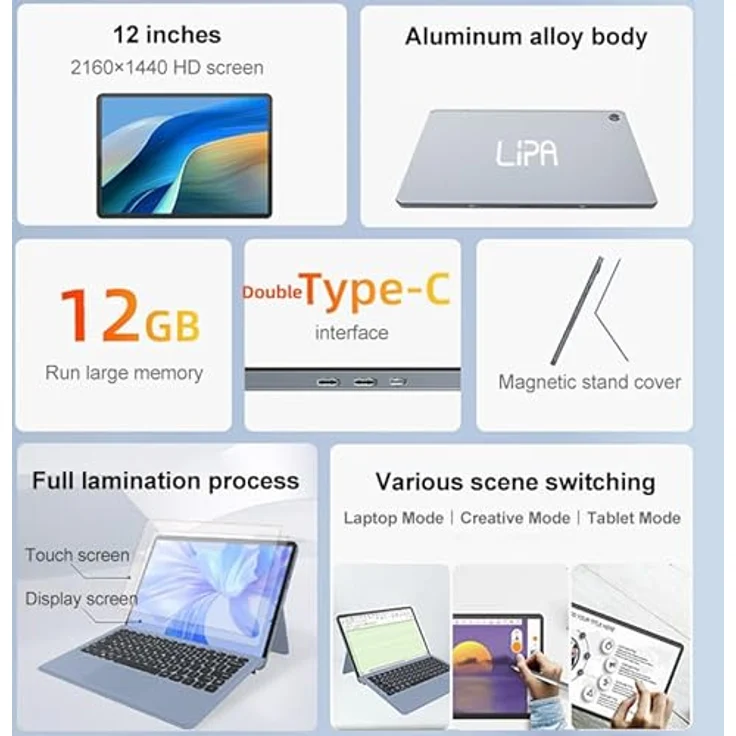 Lipa Jumper V12 Tablet 12-256 GB - Windows 11-12 GB RAM - 256 GB Speicher - 2K - Micro HDMI - Dual Wifi - 12.2 Zoll - USB C Docking Station - Silber – Bild 3