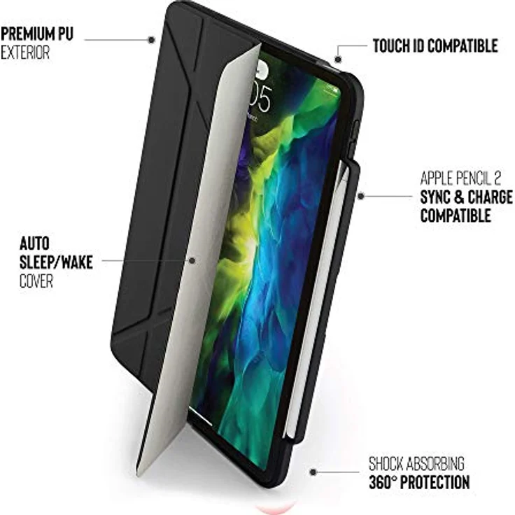 PIPETTO Origami Pencil iPad Hülle Pro 11 (2020) 2. Generation | Stoßfester TPU Bumper mit 5-in-1 Ständer | Apple Pencil 2 Sync and Charge kompatibel – Schwarz – Bild 4