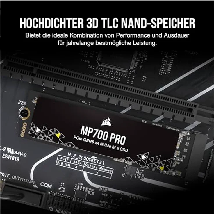 Corsair MP700 PRO 2TB M.2 PCIe Gen5 x4 NVMe 2.0 SSD - M.2 2280 - Bis zu 12.400MB/sec Sequentielles Lesen - High-Density TLC NAND - Schwarz – Bild 5