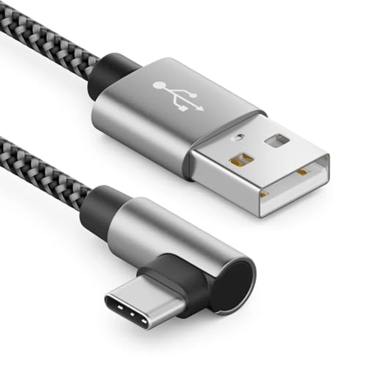 deleyCON 0,5m USB-A zu USB-C Kabel, 90° gewinkelt, für schnelles Laden und Datenübertragung bis 480Mbps, robustes Design mit Nylonhülle, geeignet für iPhone 17/15/16 Pro Max, Samsung S26/S25/S24, Pixel, iPad Pro, MacBook Air, Switch, PS5 – Bild 1