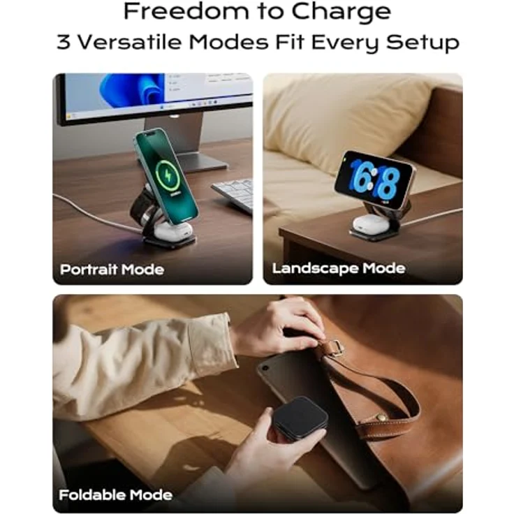 KU XIU X40 Turbo 3-in-1 Ladestation, 25W für iPhone 17/16/15/14/13/12, 5W für Apple Watch und AirPods, faltbares Aluminium-Design, grau, 45W GaN Adapter inklusive – Bild 4