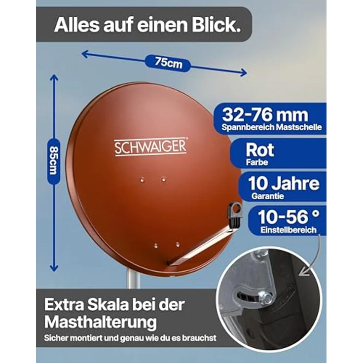 Schwaiger Satellitenanlage Set, Ziegelrot, Stahl 75 cm, Multifeedfähig mit Quad LNB für bis zu 4 Teilnehmer – Bild 6