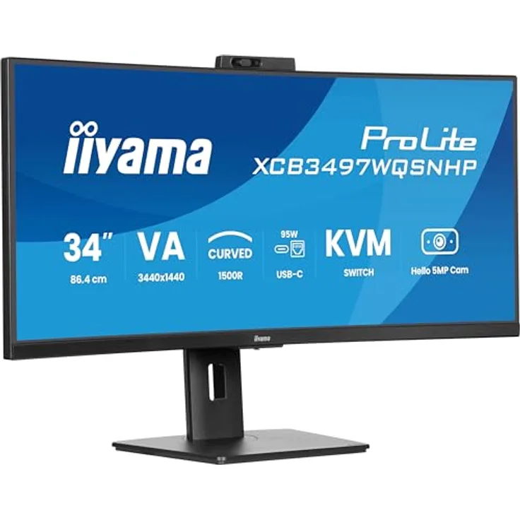 iiyama Prolite XCB3497WQSNPH-B1 Curved 34“ VA UWQHD Monitor mit 1500R Radius, KVM-Switch, USB-C Dock, 95W, RJ45 (LAN), 5-MP-Webcam, höhenverstellbar, schwarz