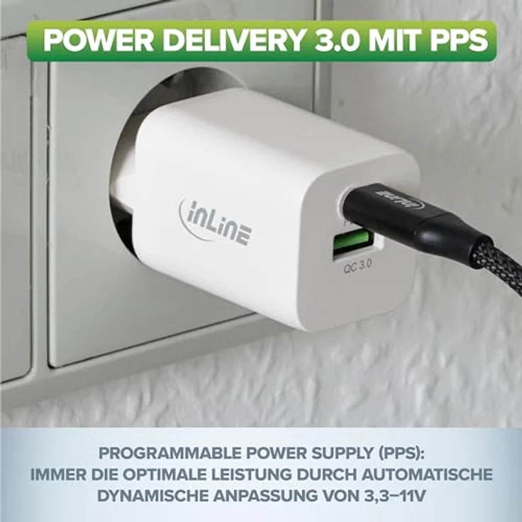 InLine USB C & USB A Netzteil 33W, Schnellladegerät mit Power Delivery & Quick Charge, weiß, 31508D – Bild 3