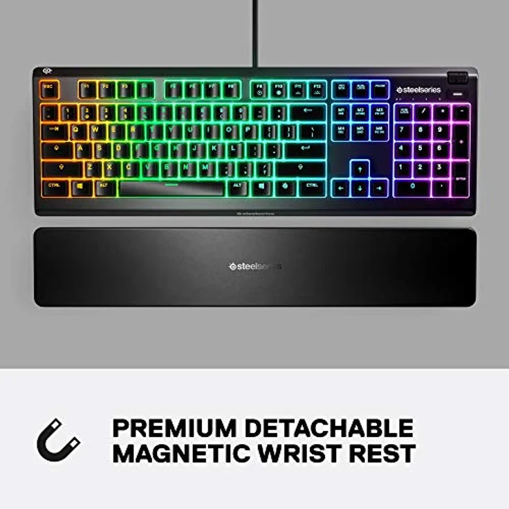 SteelSeries Apex 3 RGB Gaming Tastatur 10-Zonen RGB Beleuchtung IP32 Wasserabweisend Premium Magnetische Handgelenkauflage 64812 flüsterleise fühlbar & geräuschlos – Bild 5