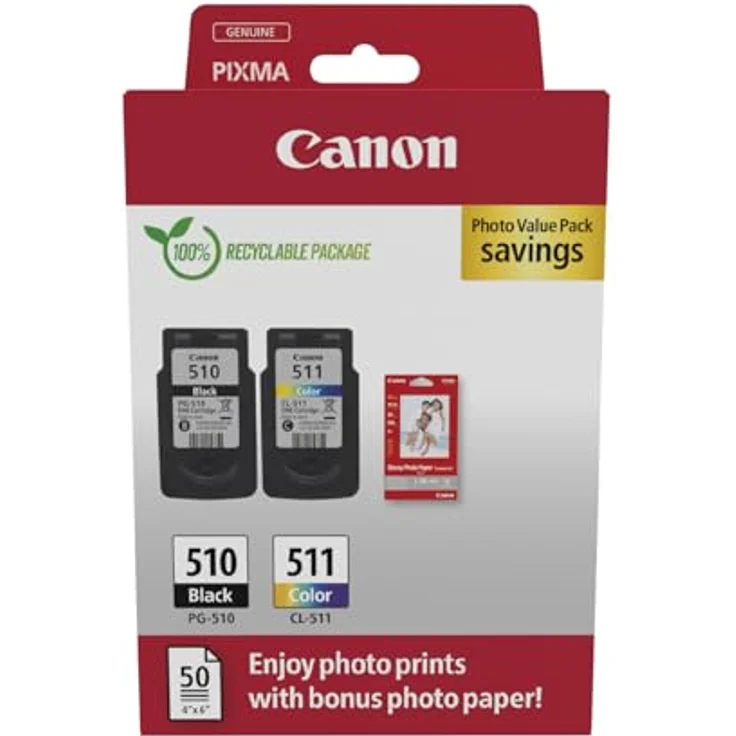 Canon PG-510/CL-511, Druckköpfe schwarz und color + Fotopapier, 2er-Set, 2x 9,0 ml – Bild 2