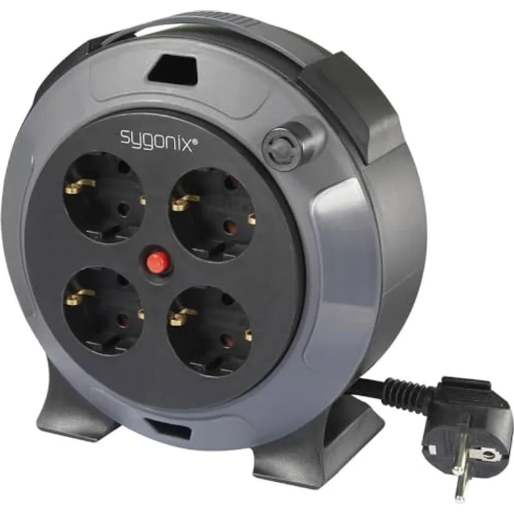 Sygonix SY-5806896 Kabeltrommel 5 m Schwarz Schutzkontakt-Stecker mit 4 x Schutzkontaktsteckdosen und Überhitzungsschutz