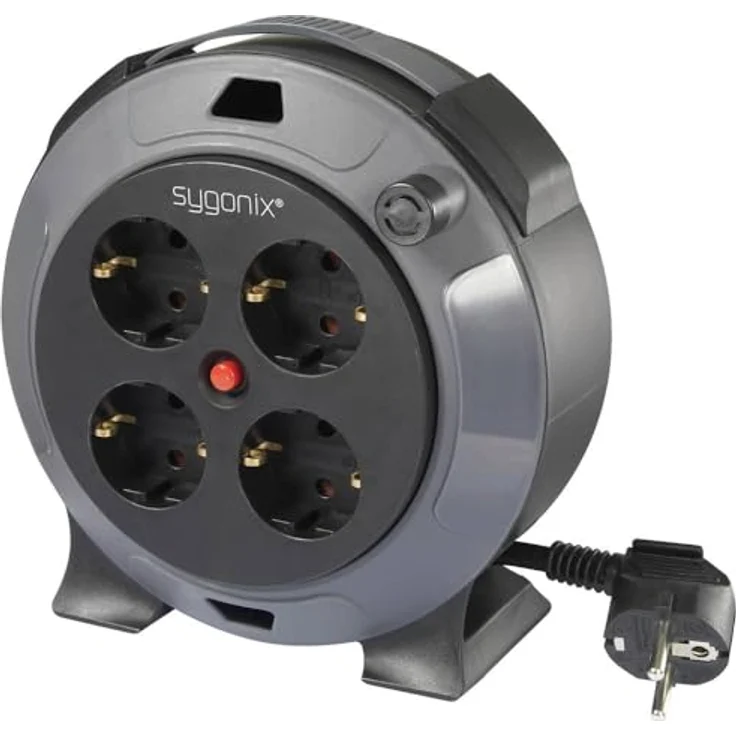 Sygonix SY-5806896 Kabeltrommel 5 m Schwarz Schutzkontakt-Stecker mit 4 x Schutzkontaktsteckdosen und Überhitzungsschutz – Bild 1