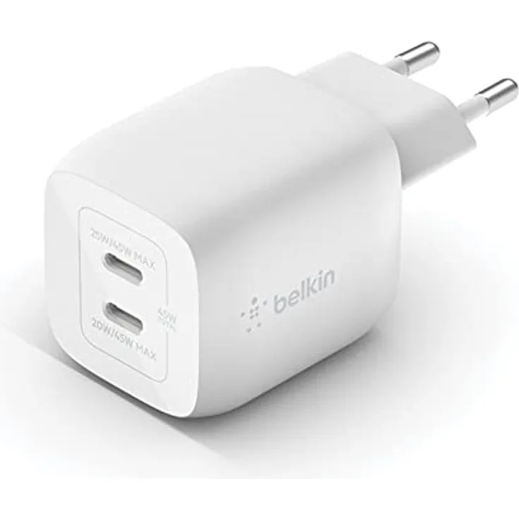 Belkin 45-W-USB-C-Ladegerät mit 2 Ports, Schnellladen mit Power Delivery 3.0 und GaN-Technologie, für iPhone 16/15, Plus, Pro, Pro Max, iPad Pro, Air, MacBook, Galaxy S24, Plus, Ultra, Tab, Pixel, usw.