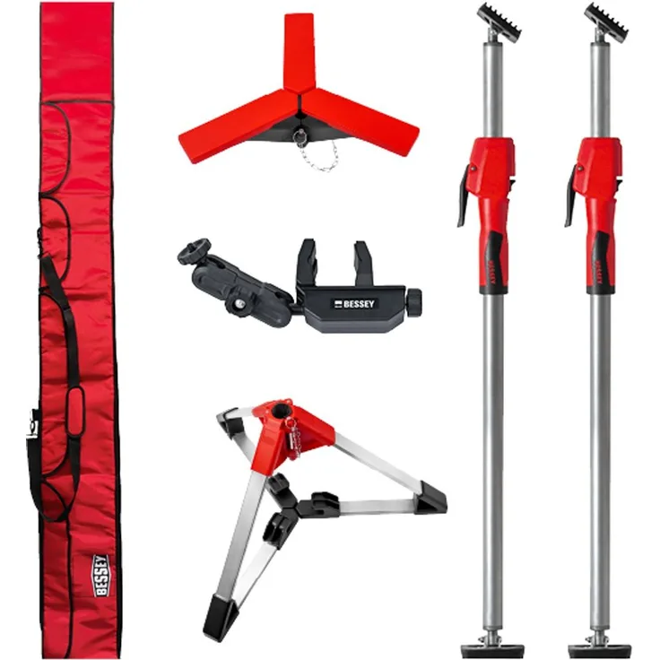 BESSEY Montagestützen-Set STE300 mit Tragetasche, inkl. 2 Deckenstützen, 1 Bodenstativ, 1 Deckenstativ und Laserhalterung, max. Tragkraft 130 kg