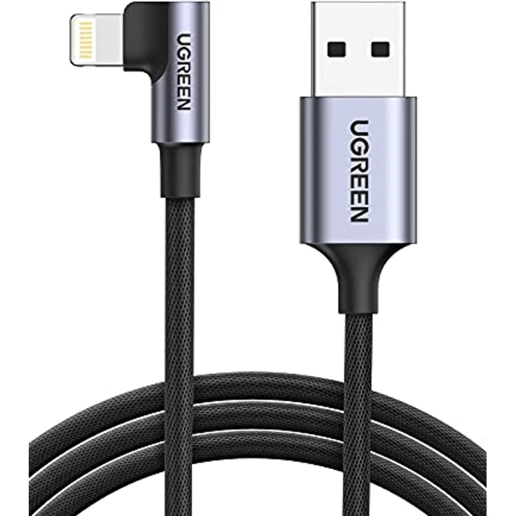 Ugreen US299 Winkel Lightning auf USB-A Kabel, MFi, 2.4A, 1 Meter - Schwarz, abriebfest und ergonomisches Design für komfortables Gaming – Bild 1
