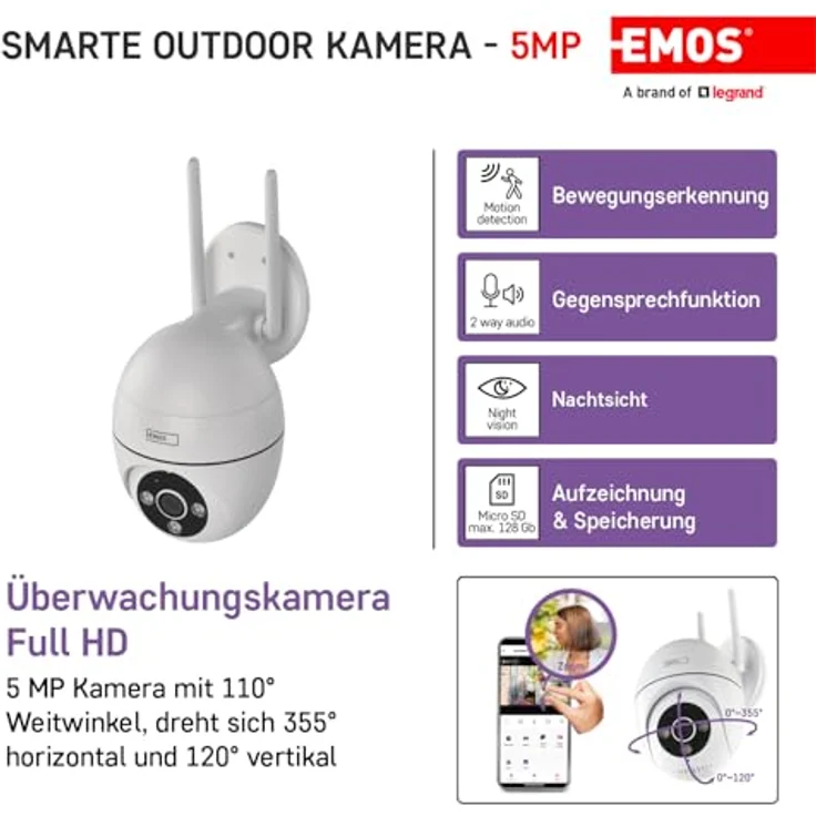 EMOS GoSmart Outdoor Überwachungskamera - 5MP WLAN IP Kamera - Bewegungserkennung, Sirene, Nachtsicht - TUYA, LIDL und Smart Life kompatibel - wasserdicht - weiß – Bild 2