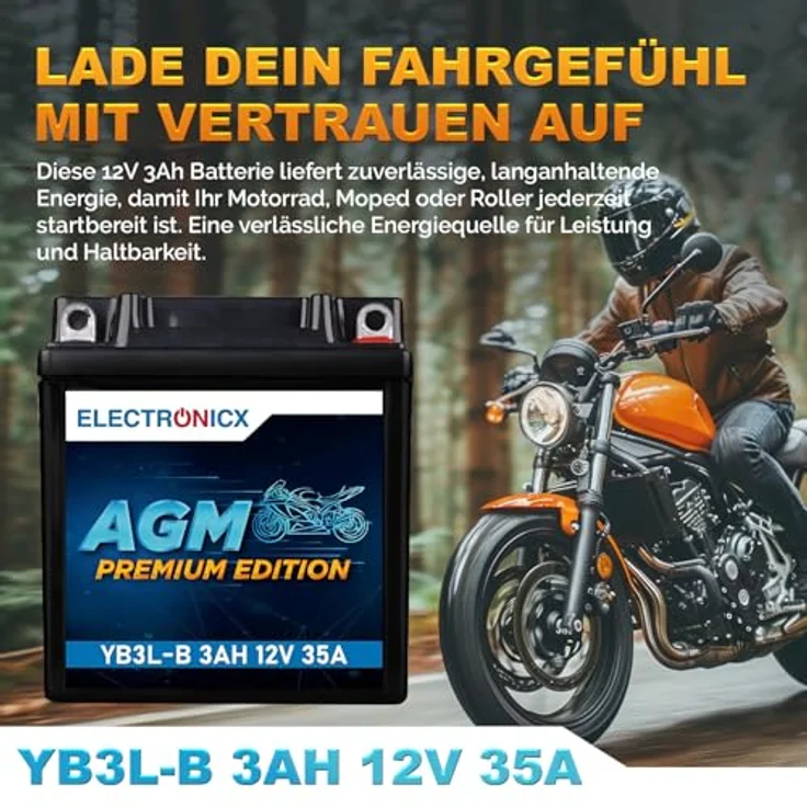Electronicx AGM-YB3L-B AGM Motorradbatterie 3Ah 12V - Wartungsfrei, auslaufsicher und rüttelfest für Motorrad, Roller und Quad – Bild 2