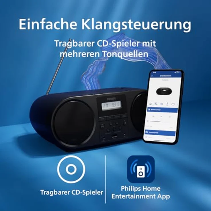 Philips TAZ5000/10, tragbares FM-Radio und CD-Player mit Bluetooth, Farbdisplay und Fernbedienung, Schwarz – Bild 3