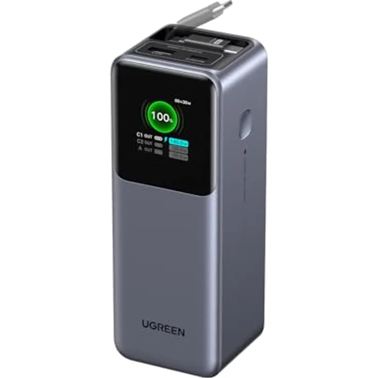 UGREEN Nexode Power Bank 20000mAh, 165W Schnellladen, 65cm einziehbares Kabel, kompatibel mit iPhone 16/15 Serie, Galaxy S25, MacBook und Dell Laptop