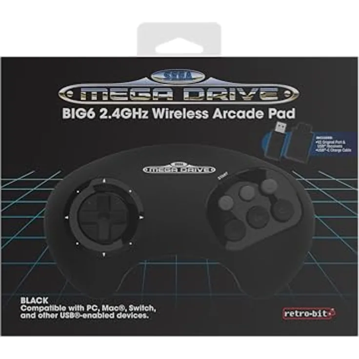 Retro-Bit BIG6, 2.4 GHz SEGA Mega Drive Wireless Arcade Controller Pad, kompatibel mit SEGA Mega Drive Original/Mini, Switch, PC & Mac, schwarz, wiederaufladbarer 500mAh Akku