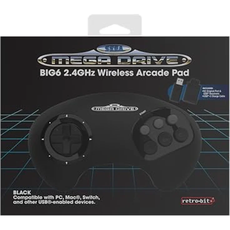 Retro-Bit BIG6, 2.4 GHz SEGA Mega Drive Wireless Arcade Controller Pad, kompatibel mit SEGA Mega Drive Original/Mini, Switch, PC & Mac, schwarz, wiederaufladbarer 500mAh Akku – Bild 1