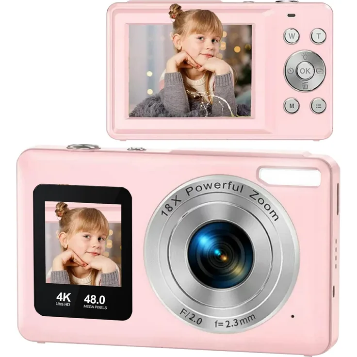 Blossom Digitalkamera 4K 48MP, Kompaktkamera mit 18x Zoom, Dual Display und Autofokus für Vlogs und Selfies, USB-C