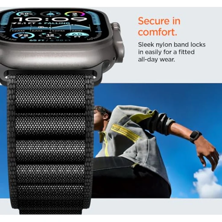 Spigen Basis-Stoffarmband für Apple Watch Ultra 2/1 49mm, Serie 11/10 46mm, 9/8/7 45mm, SE2/SE/6/5/4 44mm - Schwarz, Hakenverschluss, modernes Design, ganztägiger Tragekomfort – Bild 5